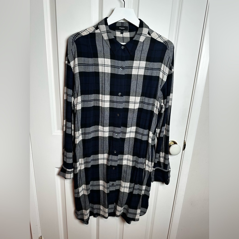 Theory navy and Cream gray Checkered Shirt long button down shirt